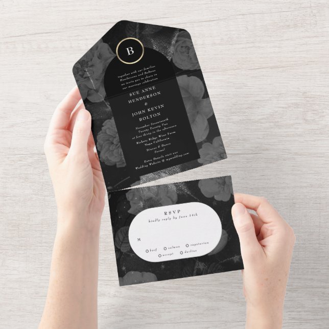 Invitation Tout En Un Mariage Dramatique Boho Floral Arch Gold Gris (Déchirure)