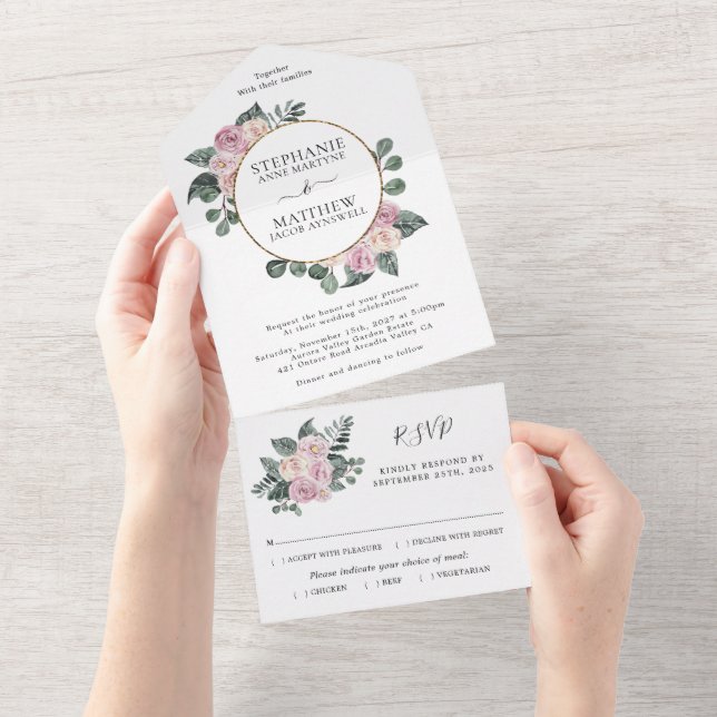 Invitation Tout En Un Mariage du cercle d'or fleuri Rose poussiéreux (Déchirure)