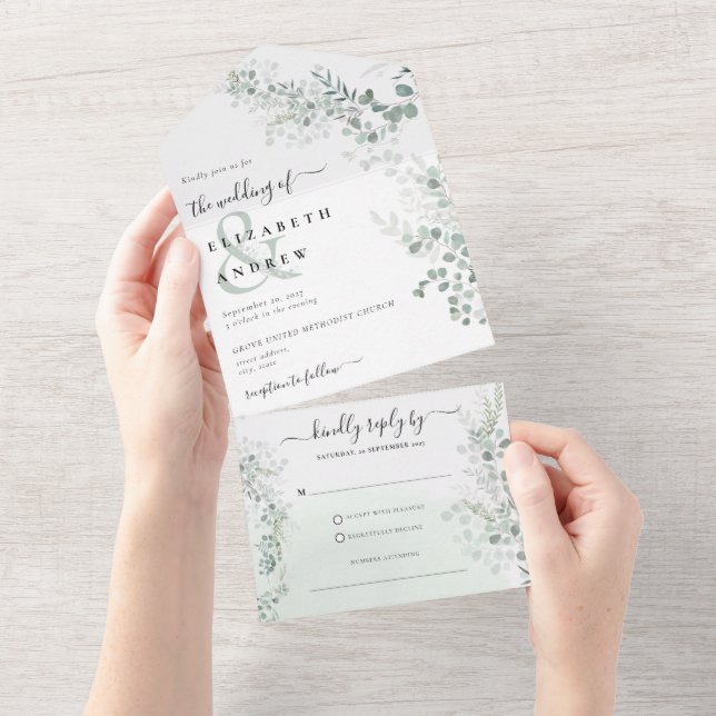 Invitation Tout En Un Mariage du code QR botanique Eucalyptus Greenery (Déchirure)