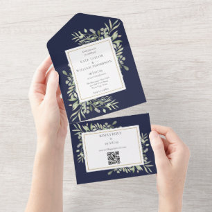 Invitation Tout En Un Mariage du code QR de la marine Blue Greenery Flor