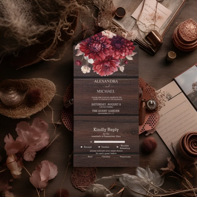 Invitation Tout En Un Mariage Élégant à l'Aquarelle avec Dahlia Bourgogn (Créateur téléchargé)
