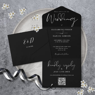 Invitation Tout En Un Mariage élégant à monogramme QR Code noir et blanc