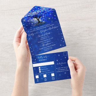 Invitation Tout En Un Mariage Élégant Arbre à Feuilles en Cœur Bleu Roya