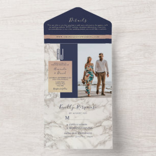 Invitation Tout En Un Mariage Élégant au Marbre Bleu Marine