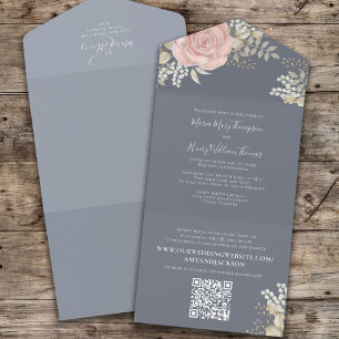 Invitation Tout En Un Mariage Élégant aux Fleurs dans les Tons Bleu Pous