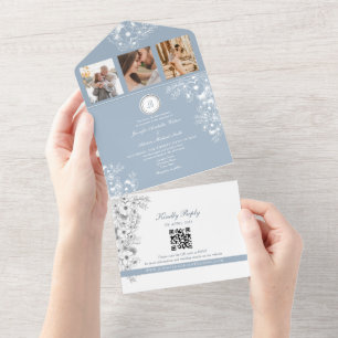 Invitation Tout En Un Mariage Élégant Blanc Floral Bleu Poussiéreux