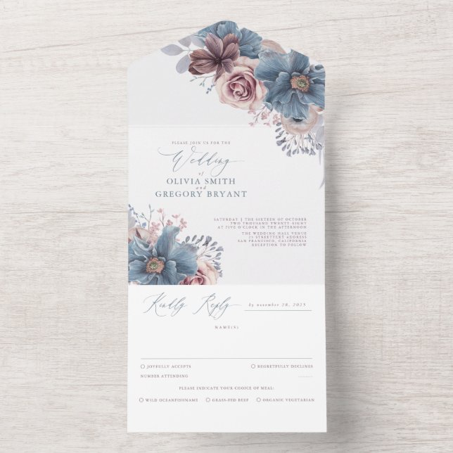 Invitation Tout En Un Mariage élégant bleu Dusty et floral Mauve (À l'intérieur)