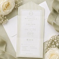 Mariage Élégant Classique Monogramme Rayure Vert S