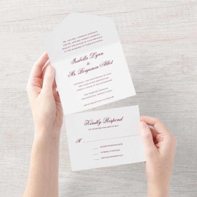 Invitation Tout En Un Mariage élégant et traditionnel de Bourgogne (Déchirure)
