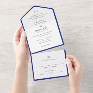 Invitation Tout En Un Mariage élégant moderne avec monogramme bleu royal