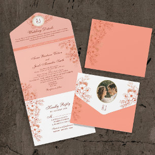 Invitation Tout En Un Mariage Élégant Monogramme Peche