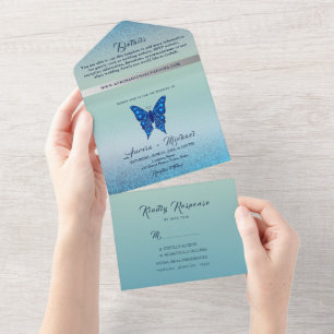 Invitation Tout En Un Mariage élégant papillon bleu argenté