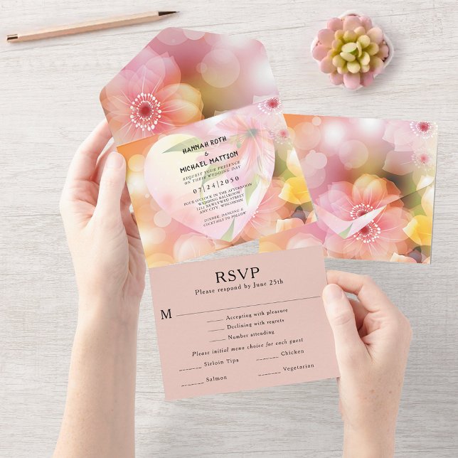 Invitation Tout En Un Mariage Élégant Romantique Floral Orange Rose (Pink Orange Floral Elegant Romantic Glow Wedding All In One Invitation)