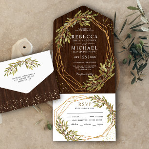 Invitation Tout En Un Mariage en bois à charpente dorée à branche d'oliv