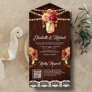 Invitation Tout En Un Mariage en bois de code QR de pot Mason floral de