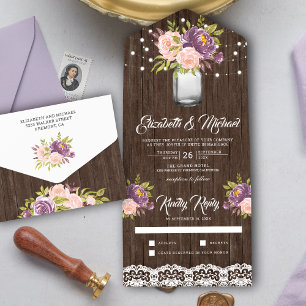 Invitation Tout En Un Mariage en bois de pot Mason floral rose blush vio