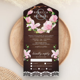 Invitation Tout En Un Mariage en bois rose Magnolia fleuri
