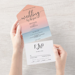Invitation Tout En Un Mariage en bord de mer sous le soleil couchant