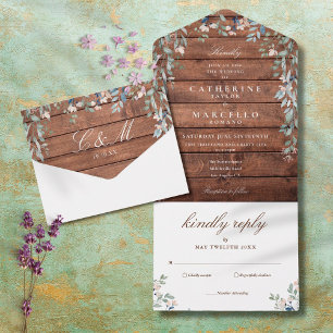 Invitation Tout En Un Mariage en cascade de verdure florale en bois de g