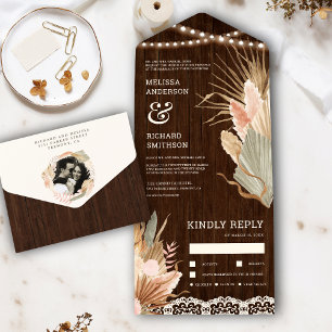 Invitation Tout En Un Mariage en dentelle de bois rustique Boho séché Pa