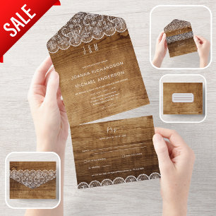 Invitation Tout En Un Mariage en dentelle tout compris en bois rustique 