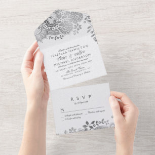 Invitation Tout En Un Mariage en dentelle vintage Faux argent