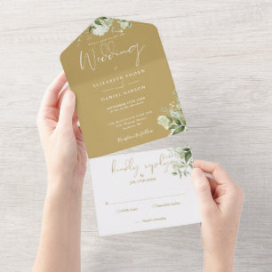 Invitation Tout En Un Mariage en écriture florale de verdure dorée
