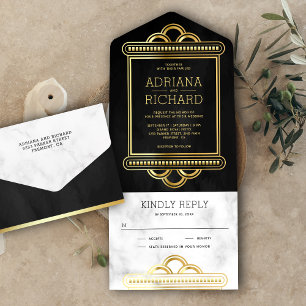 Invitation Tout En Un Mariage en marbre Art déco noir et or à échelle de