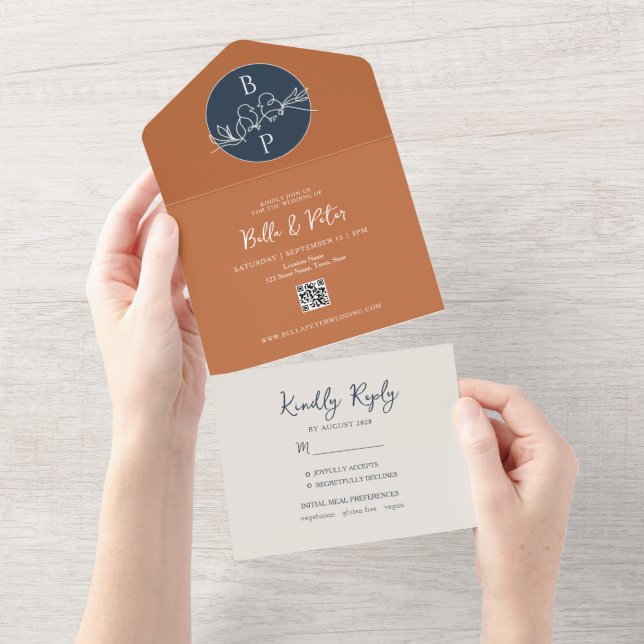 Invitation Tout En Un Mariage en terre cuite bleu marine (Déchirure)