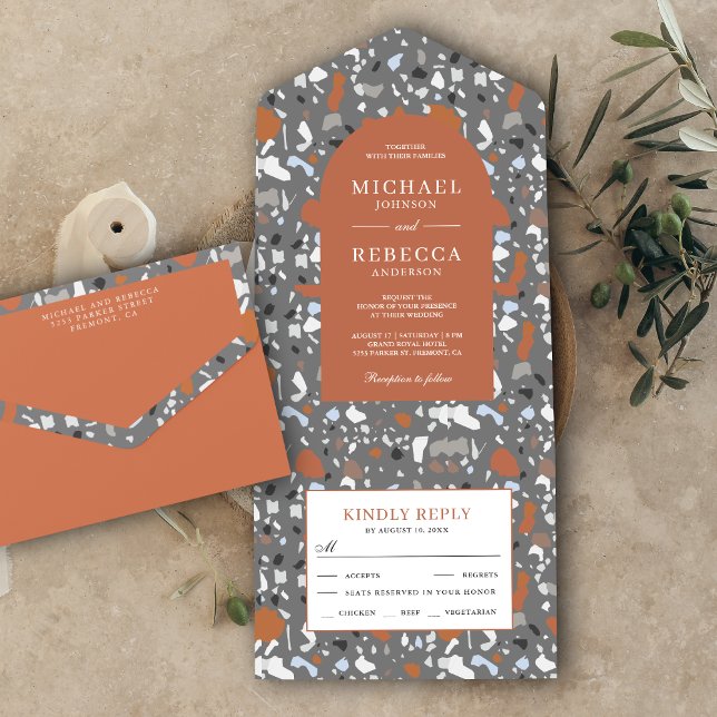 Invitation Tout En Un Mariage en terre cuite gris moderne Terrazzo (Créateur téléchargé)