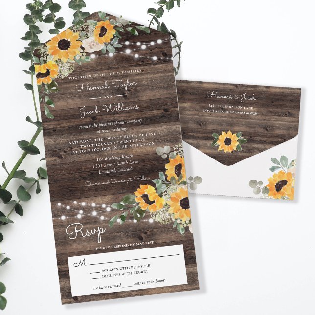 Invitation Tout En Un Mariage Eucalyptus de tournesol rustique avec RSVP (Créateur téléchargé)