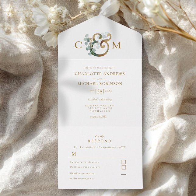 Invitation Tout En Un Mariage Eucalyptus Elégant moderne (Modern Elegant Eucalyptus Wedding All In One Invitation)