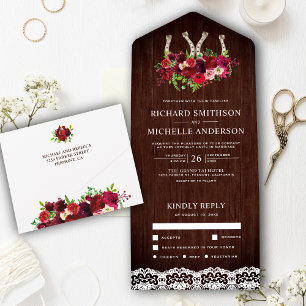 Invitation Tout En Un Mariage Fer à Cheval Floral Bourgogne Dentelle Boi