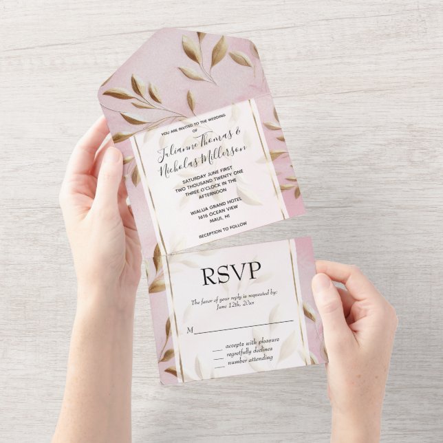Invitation Tout En Un Mariage Feuille Blush Pink Gold (Déchirure)