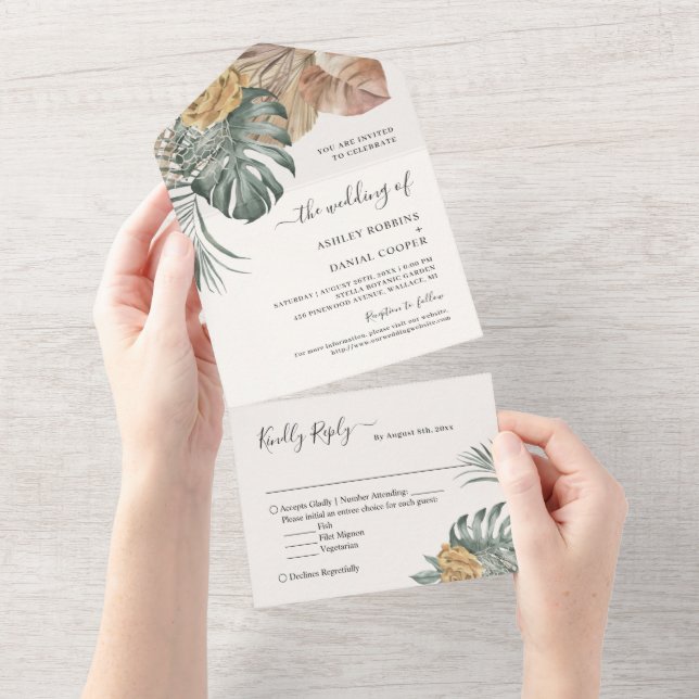 Invitation Tout En Un Mariage Feuille de Bohême Tropical (Déchirure)