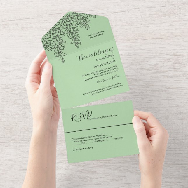 Invitation Tout En Un Mariage Feuille de Fougère Vert Sauge (Déchirure)