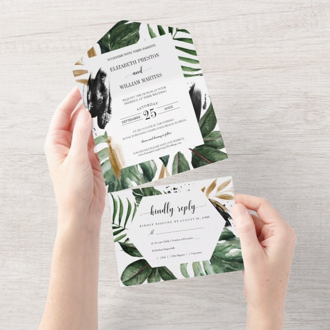 Invitation Tout En Un Mariage Feuille Tropical d'été avec RSVP (Déchirure)