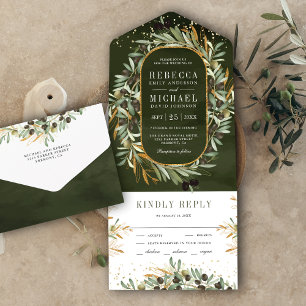 Invitation Tout En Un Mariage Feuilles d'Olivier Vert Sauge Foncé Rustiq