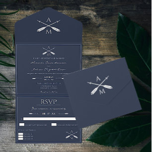Invitation Tout En Un Mariage Flèches et monogrammes bleu marine