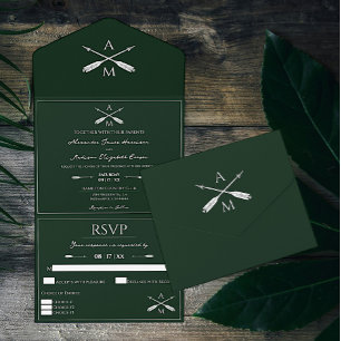 Invitation Tout En Un Mariage Flèches et monogrammes Emerald Green