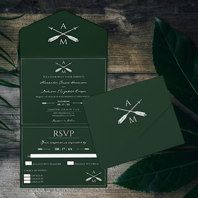 Invitation Tout En Un Mariage Flèches et monogrammes | Emerald Green (Emerald Green Arrows and Monograms Wedding All in One Invitation)