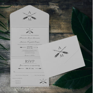 Invitation Tout En Un Mariage Flèches et monogrammes Gris