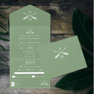 Invitation Tout En Un Mariage Flèches et monogrammes   Moss Green
