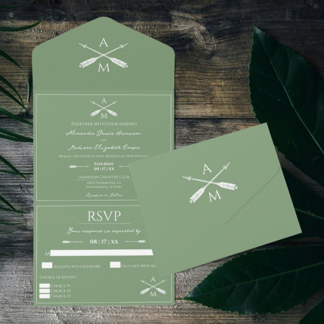 Invitation Tout En Un Mariage Flèches et monogrammes | Moss Green (Moss Green Arrows and Monograms Wedding All in One Invitation)