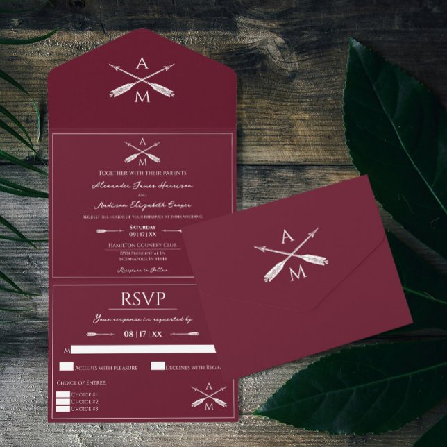 Invitation Tout En Un Mariage Flèches et monogrammes | Rouge à vin (Wine Red Arrows and Monograms Wedding All in One Invite)