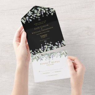 Invitation Tout En Un Mariage Fleur de Sauge et Lilas Noir Or Monogramme