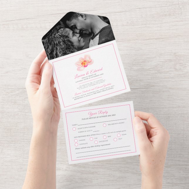Invitation Tout En Un Mariage fleur d'orchidée tropicale aquarelle rose (Déchirure)