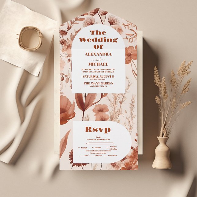 Invitation Tout En Un Mariage Fleur sauvage Aquarelle Bourgogne (Créateur téléchargé)