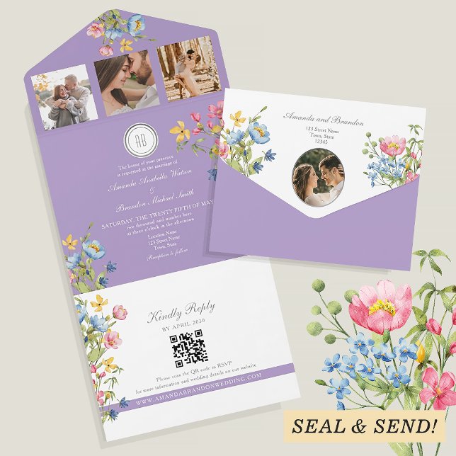 Invitation Tout En Un Mariage Fleur sauvage Boho violet (Créateur téléchargé)