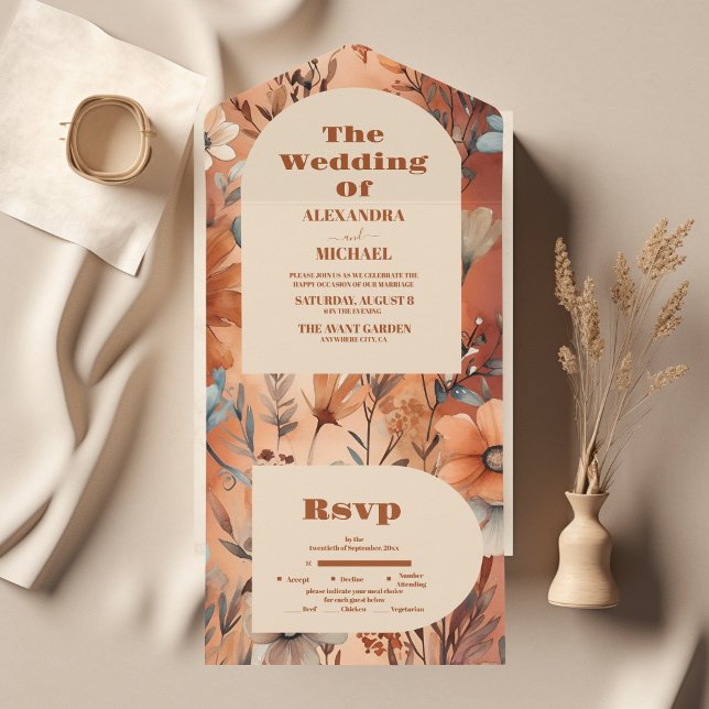 Invitation Tout En Un Mariage Fleur sauvage d'aquarelle en terre cuite (Créateur téléchargé)